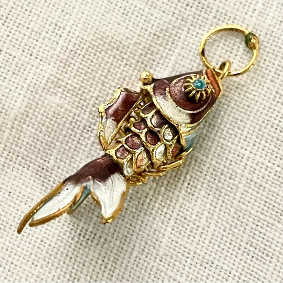 Cloisonné Wiggly Fish Pendant/Charm gold brown turquoise - Picture 12 of 13